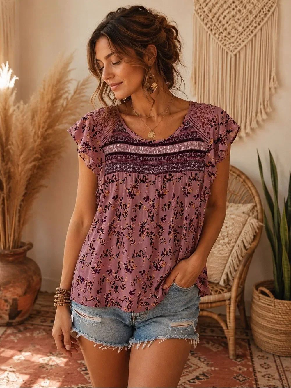 Boho Chic Rewind Mauve Floral Lace-Yoke Flutter Sleeve Top